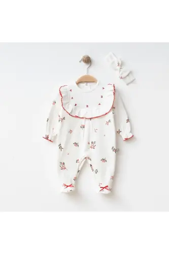 Kız Bebek Kokina İşlemeli %100 Pamuk Şapkalı Tulum Seti-Ekru - 3