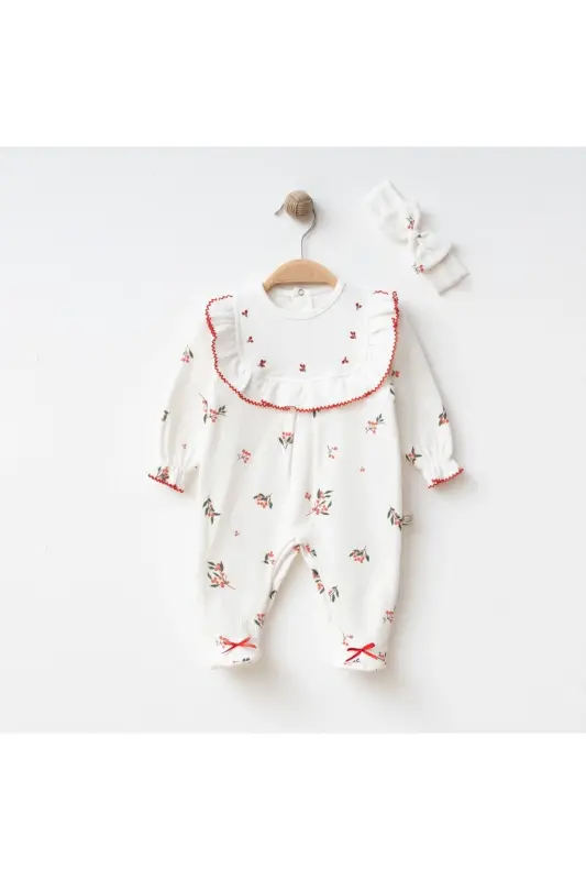 Kız Bebek Kokina İşlemeli %100 Pamuk Şapkalı Tulum Seti-Ekru - 3