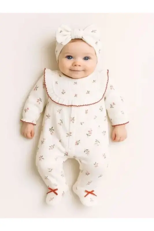 Kız Bebek Kokina İşlemeli %100 Pamuk Şapkalı Tulum Seti-Ekru - 4