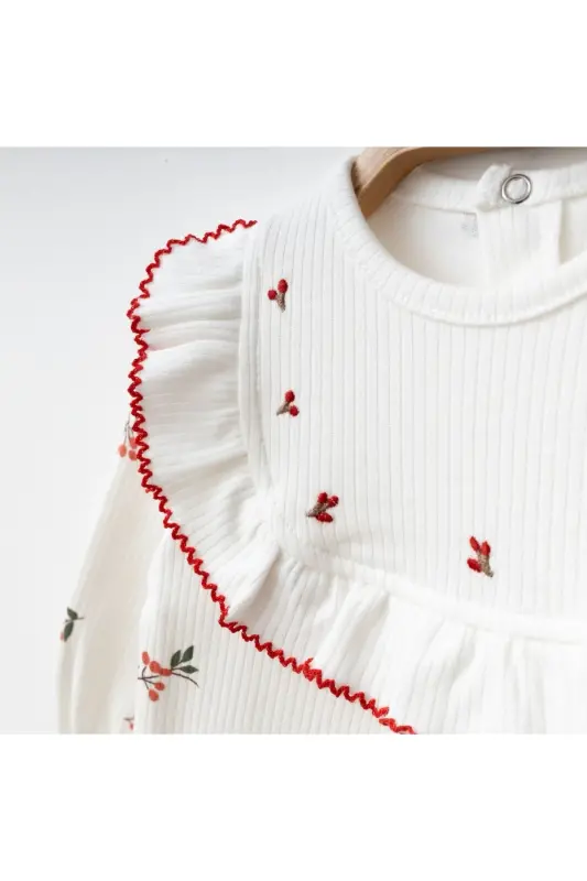 Kız Bebek Kokina İşlemeli %100 Pamuk Şapkalı Tulum Seti-Ekru - 2