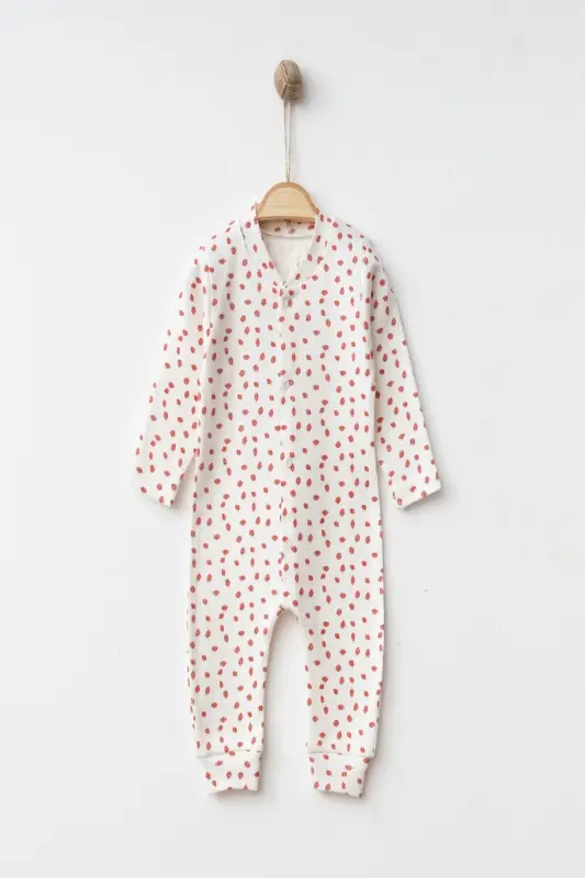 Kız Bebek Küçük Çilek Rapor Baskılı Çıtçıtlı Yenidoğan Bebek Tulumu %100 Pamuk Esnek 1-3-6 Aylık-Beyaz Minik Çilek - 3