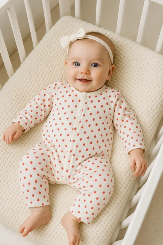 Kız Bebek Küçük Çilek Rapor Baskılı Çıtçıtlı Yenidoğan Bebek Tulumu %100 Pamuk Esnek 1-3-6 Aylık-Beyaz Minik Çilek - DINAMIK ÇOCUK