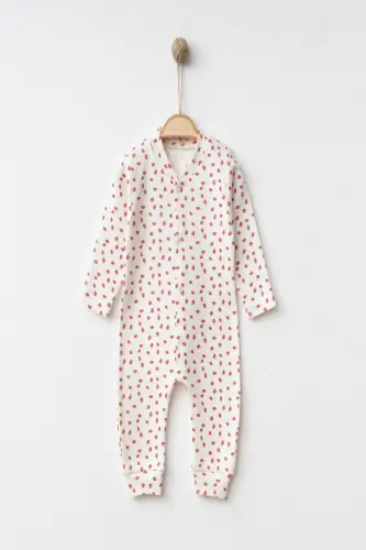 Kız Bebek Küçük Çilek Rapor Baskılı Çıtçıtlı Yenidoğan Bebek Tulumu %100 Pamuk Esnek 1-3-6 Aylık-Beyaz Minik Çilek - 3