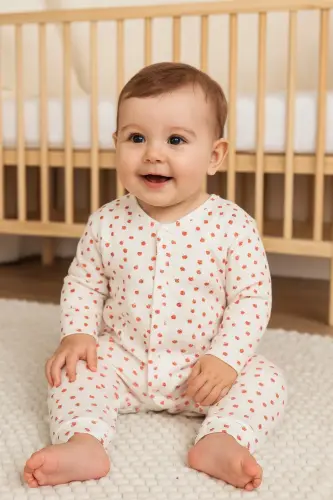 Kız Bebek Küçük Çilek Rapor Baskılı Çıtçıtlı Yenidoğan Bebek Tulumu %100 Pamuk Esnek 1-3-6 Aylık-Beyaz Minik Çilek - DINAMIK ÇOCUK (1)