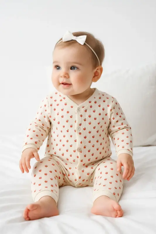 Kız Bebek Küçük Çilek Rapor Baskılı Çıtçıtlı Yenidoğan Bebek Tulumu %100 Pamuk Esnek 1-3-6 Aylık-Ekru Minik Çilek - DINAMIK ÇOCUK