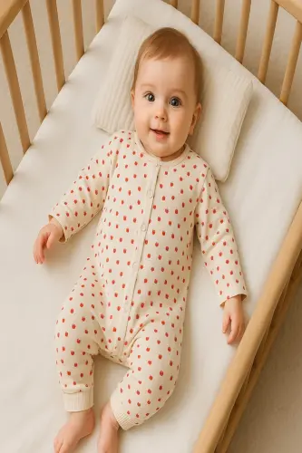 Kız Bebek Küçük Çilek Rapor Baskılı Çıtçıtlı Yenidoğan Bebek Tulumu %100 Pamuk Esnek 1-3-6 Aylık-Ekru Minik Çilek - 2