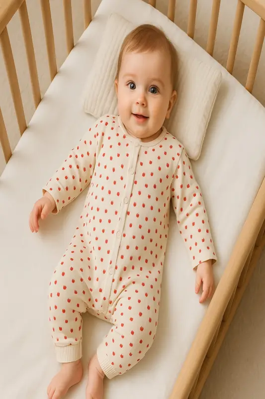 Kız Bebek Küçük Çilek Rapor Baskılı Çıtçıtlı Yenidoğan Bebek Tulumu %100 Pamuk Esnek 1-3-6 Aylık-Ekru Minik Çilek - 2