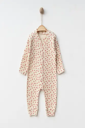 Kız Bebek Küçük Çilek Rapor Baskılı Çıtçıtlı Yenidoğan Bebek Tulumu %100 Pamuk Esnek 1-3-6 Aylık-Ekru Minik Çilek - 3