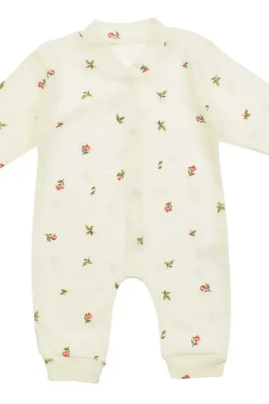 Kız Bebek Lale Baskılı Çıtçıtlı Yenidoğan Bebek Tulumu %100 Pamuk Esnek 1-3-6 Aylık-BEYAZ LALE - 5