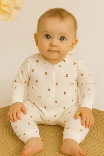 Kız Bebek Lale Baskılı Çıtçıtlı Yenidoğan Bebek Tulumu %100 Pamuk Esnek 1-3-6 Aylık-BEYAZ LALE - 6