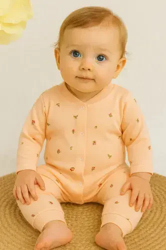 Kız Bebek Lale Baskılı Çıtçıtlı Yenidoğan Bebek Tulumu %100 Pamuk Esnek 1-3-6 Aylık-SOMON LALE - 6