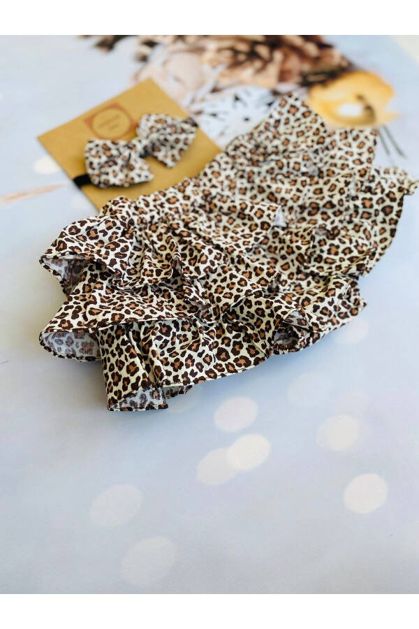 Kız Bebek Leopar Desenli Fırfırlı Şort Etek Babet Çorap Bandana Takım - 8