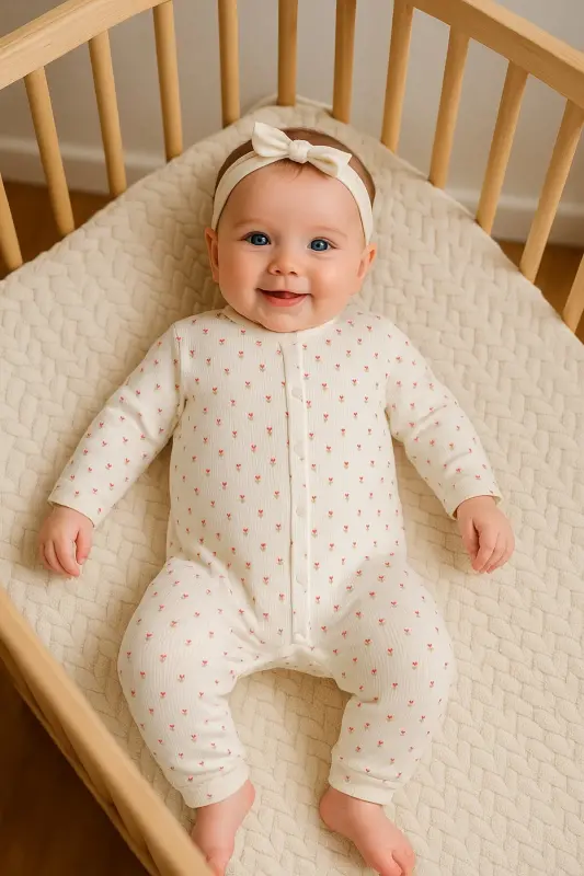 Kız Bebek Minik Lale Rapor Baskılı Çıtçıtlı Yenidoğan Bebek Tulumu %100 Pamuk Esnek 1-3-6 Aylık-Beyaz Minik Lale - 1