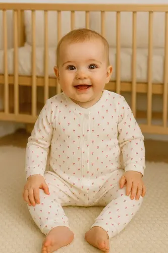 Kız Bebek Minik Lale Rapor Baskılı Çıtçıtlı Yenidoğan Bebek Tulumu %100 Pamuk Esnek 1-3-6 Aylık-Beyaz Minik Lale - 2