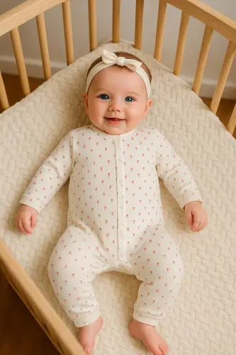 Kız Bebek Minik Lale Rapor Baskılı Çıtçıtlı Yenidoğan Bebek Tulumu %100 Pamuk Esnek 1-3-6 Aylık-Beyaz Minik Lale 