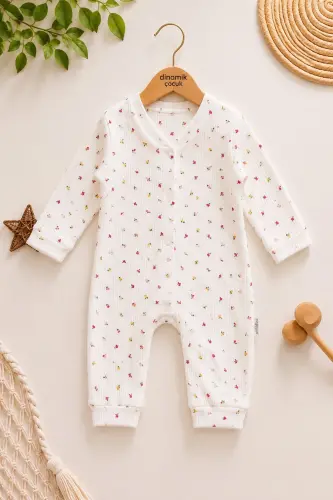 Erkek Kız Unısex Bebek Baskılı Çıtçıtlı Yenidoğan Tulumu %100 Pamuk Esnek 1-3-6aylık - Beyaz Minik Lale 