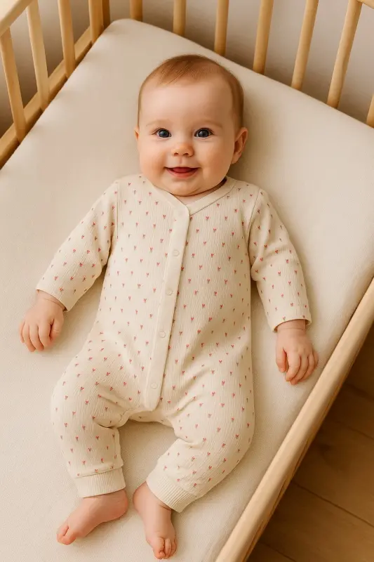 Kız Bebek Minik Lale Rapor Baskılı Çıtçıtlı Yenidoğan Bebek Tulumu %100 Pamuk Esnek 1-3-6 Aylık - Ekru Minik Lale - 2