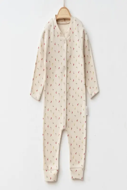 Kız Bebek Minik Lale Rapor Baskılı Çıtçıtlı Yenidoğan Bebek Tulumu %100 Pamuk Esnek 1-3-6 Aylık-Ekru Minik Lale - 3