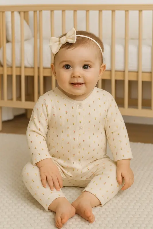 Kız Bebek Minik Lale Rapor Baskılı Çıtçıtlı Yenidoğan Bebek Tulumu %100 Pamuk Esnek 1-3-6 Aylık-Ekru Minik Lale - 1