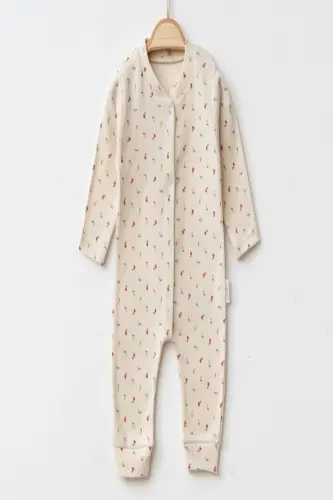 Kız Bebek Minik Lale Rapor Baskılı Çıtçıtlı Yenidoğan Bebek Tulumu %100 Pamuk Esnek 1-3-6 Aylık-Ekru Minik Lale - 3