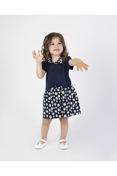 Lacivert Kız Bebek Papatya Desen Yakalı Elbise-Lacivert - 8