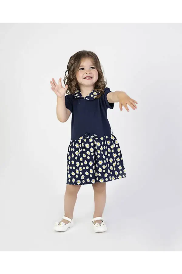 Lacivert Kız Bebek Papatya Desen Yakalı Elbise-Lacivert - 8