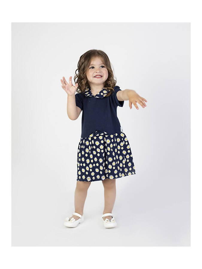 Lacivert Kız Bebek Papatya Desen Yakalı Elbise-Lacivert - 1