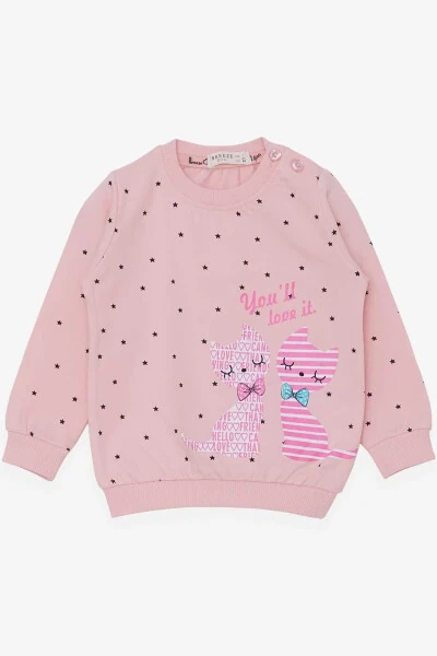 Kız Bebek Sweatshirt Mutlu Kedicikler Pudra Soft 4 Ay-1.5 Yaş - Modazone