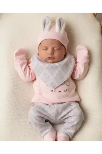 Kız Bebek Tavşan Kulaklı %100 Organik Pamuk 5 Parça Hastane Çıkışı Seti / Bebek Takım Yenidoğan - 1