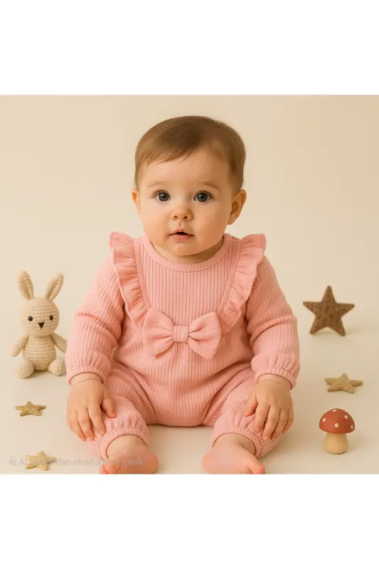 Kız Bebek Tulum Fırfırlı Kurdeleli %100 Pamuk Tulum-somon - BEBEKPARE