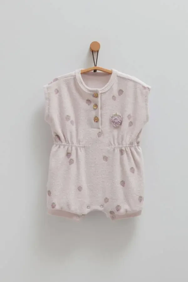 Kız Bebek Tulumu %100 Pamuk Havlu Kumaş Çilek Desenli Alttan Çıtçıtlı 2025 Yaz Sezonu-Lila - 1