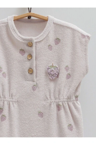 Kız Bebek Tulumu %100 Pamuk Havlu Kumaş Çilek Desenli Alttan Çıtçıtlı 2025 Yaz Sezonu-Lila - 3