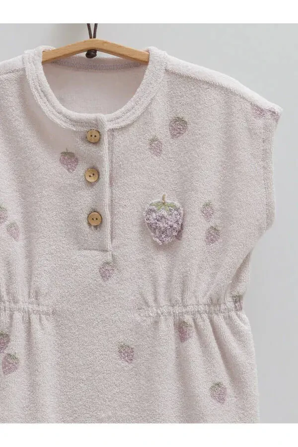 Kız Bebek Tulumu %100 Pamuk Havlu Kumaş Çilek Desenli Alttan Çıtçıtlı 2025 Yaz Sezonu-Lila - 3