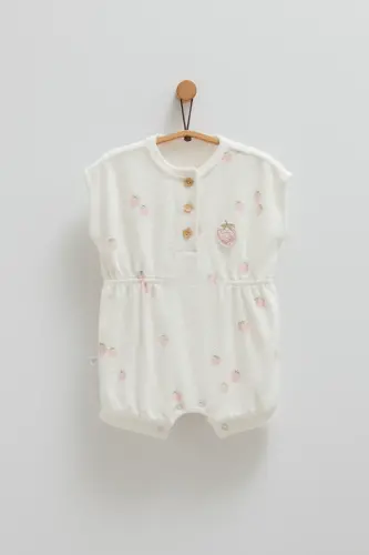 Kız Bebek Tulumu Çilek Desenli Pamuklu Havlu Kumaş Yazlık Tulum-Ekru - 1