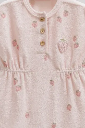 Kız Bebek Tulumu Çilek Desenli Pamuklu Havlu Kumaş Yazlık Tulum-Pembe - CARAMELL (1)