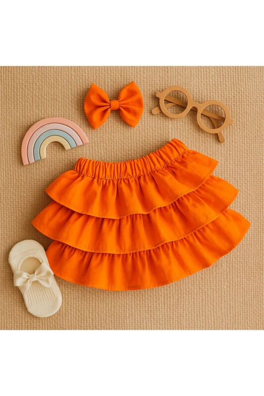 Kız Bebek Turuncu Şort Etek Babet Çorap Bandana Takım-Turuncu - MINI KIDS BABY