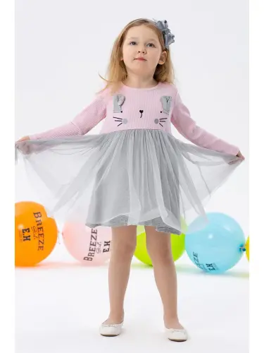 Kız Bebek Uzun Kollu Elbise Kedicik Nakışlı Pembe (1.5 Yaş)-Pembe - 1