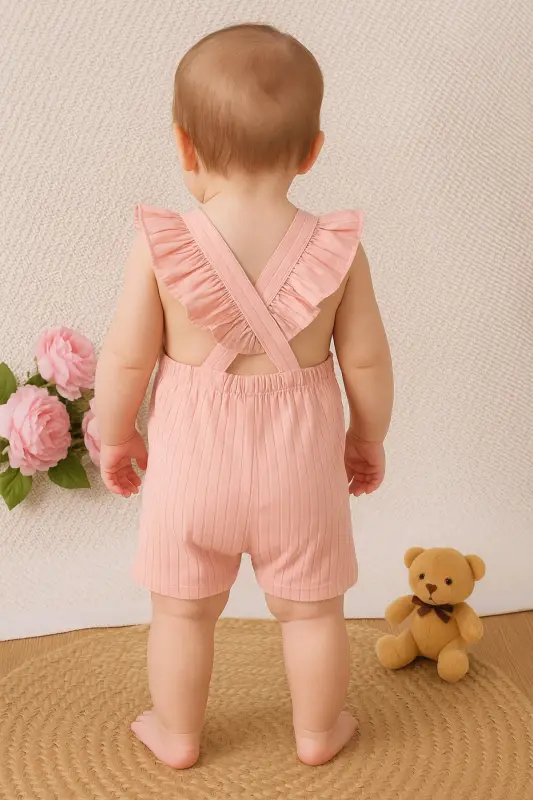 Kız Bebek Yazlık Tulum Sırt Detaylı %100 Pamuk - somon - 2
