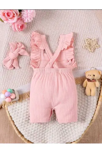 Kız Bebek Yazlık Tulum Sırt Detaylı %100 Pamuk - somon - 4