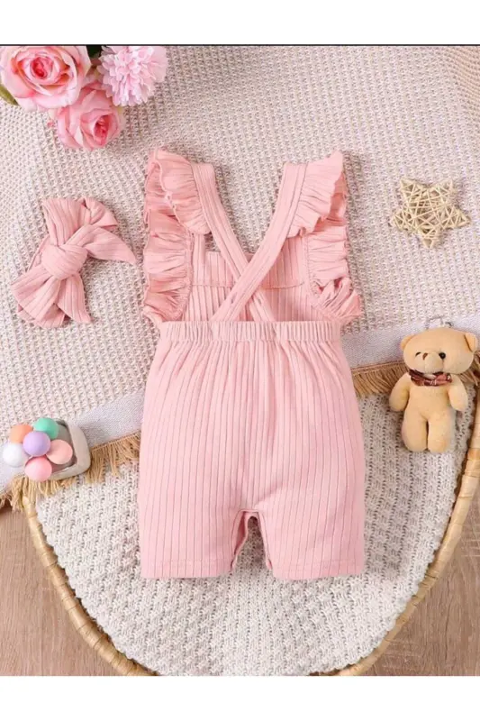 Kız Bebek Yazlık Tulum Sırt Detaylı %100 Pamuk - somon - 4