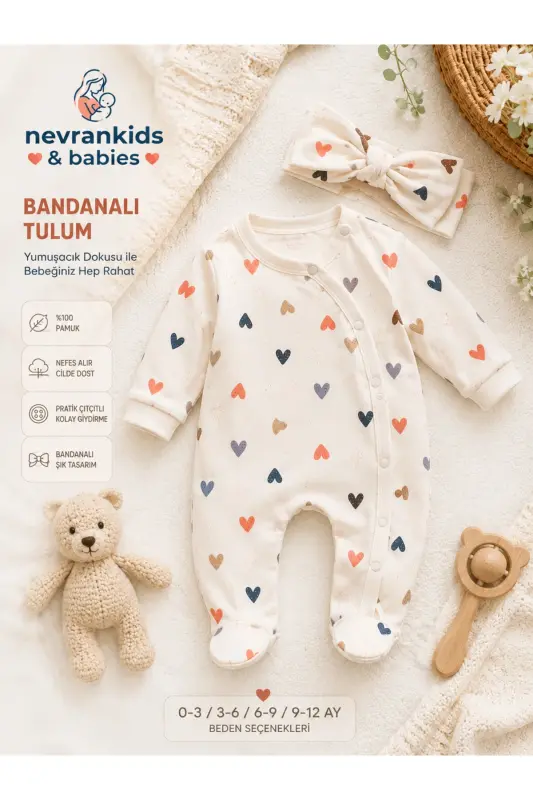 Kız Bebek Yeni Doğan Renkli Kalpli Pastel 2'li Tulum Seti - Bej - NEVRANKIDS