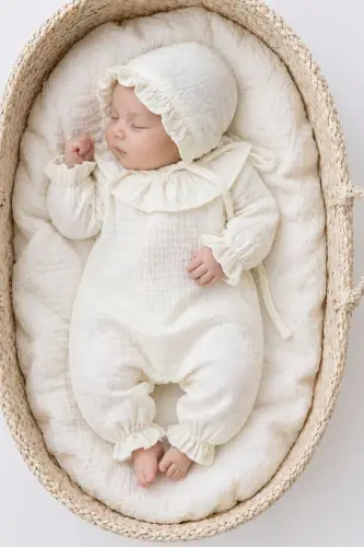 Kız Bebek Yenidoğan Tulum Organik Müslin Fırfırlı Bebe Yaka Şapkalı Takım Hastane Çıkışı Bebek Hediyelik - krem2 