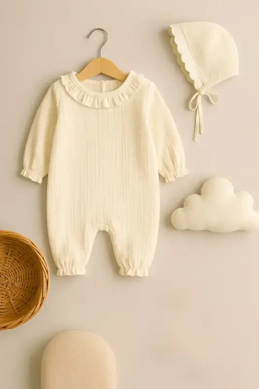 Kız Bebek Yenidoğan Tulum Organik Müslin Fırfırlı Bebe Yaka Bebek Takım Hastane Çıkışı Hediyelik-krem2 - 1