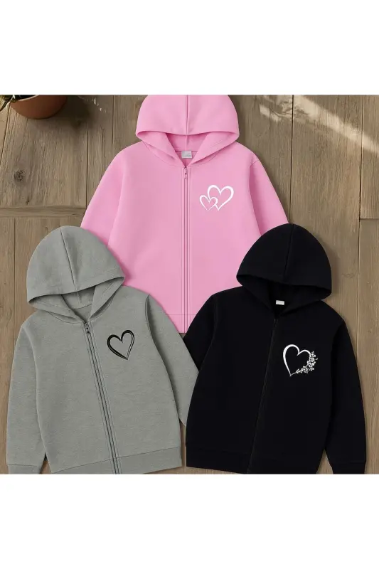 Kız Çocuk 3'lü Paket Siyah-Gri-Pembe Kalp Baskılı Kapşonlu Fermuarlı Hırka - siyah-gri-pembe - 1