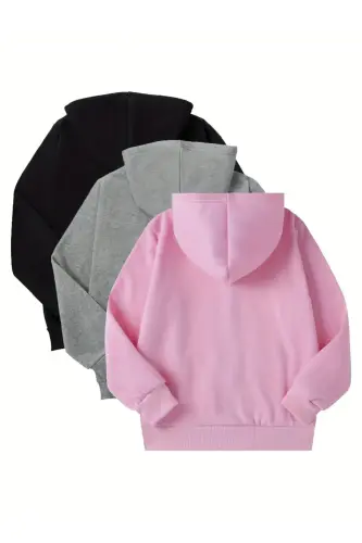 Kız Çocuk 3'lü Paket Siyah-Gri-Pembe Kalp Baskılı Kapşonlu Fermuarlı Hırka - siyah-gri-pembe - 2