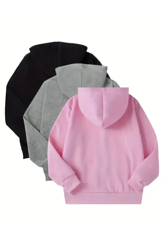 Kız Çocuk 3'lü Paket Siyah-Gri-Pembe Kalp Baskılı Kapşonlu Fermuarlı Hırka - siyah-gri-pembe - 2