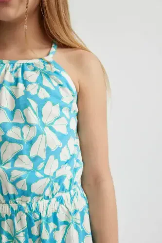 Kız Çocuk Askılı Çiçekli Penye Kısa Tulum B4813A824SM-Mavi - 5