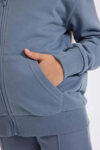 Kız Çocuk Basic Düz Kapüşonlu Cepli Fermuarlı Okul Hırkası C8110A824AU-Gri - 4