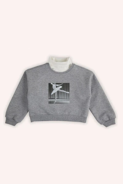 Kız Çocuk Baskı Detaylı Gri-Melanj Sweatshirt - 2