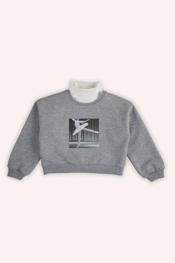 Kız Çocuk Baskı Detaylı Gri-Melanj Sweatshirt - 2
